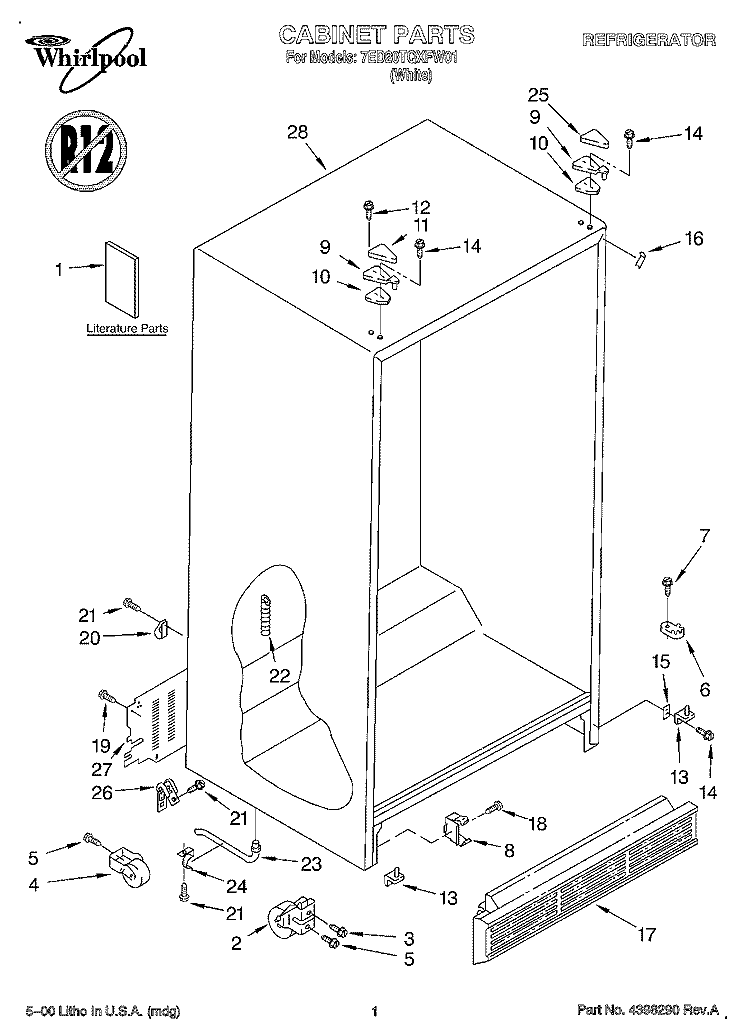 CABINET, LITERATURE Diagram and Parts List for 7ED20TQXFW01  Whirlpool Refrigerator