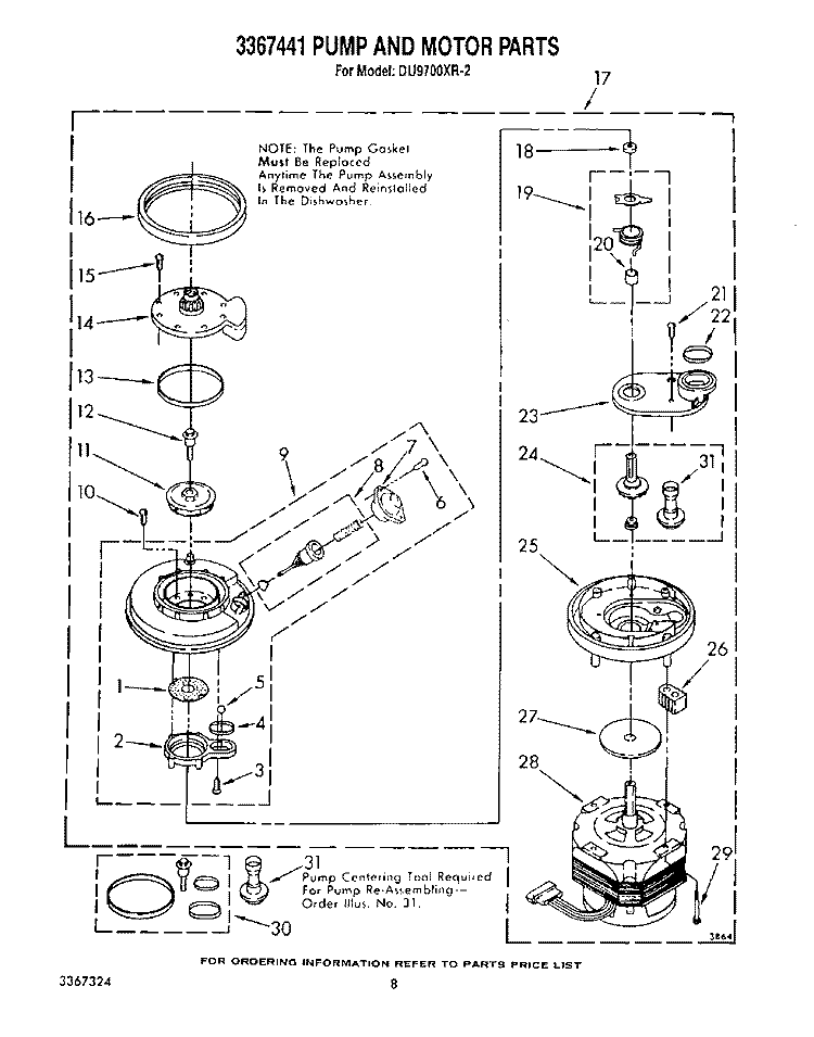 3367441 PUMP AND MOTOR Diagram and Parts List for DU9700XR2  Whirlpool Dishwasher