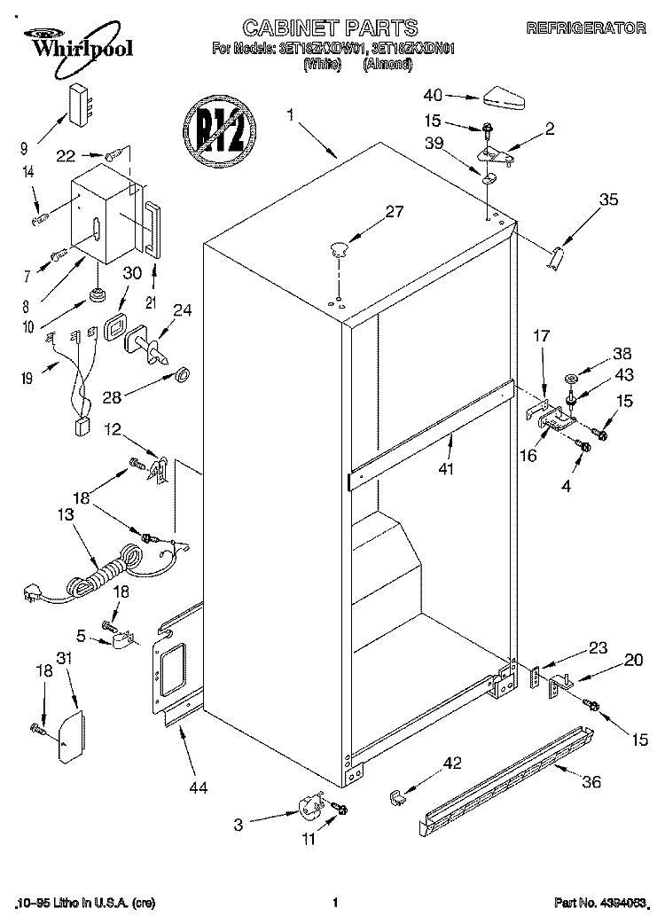CABINET Diagram and Parts List for 3ET18ZKXDW01  Whirlpool Refrigerator