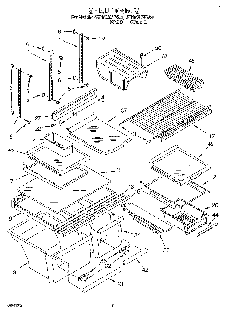 SHELF Diagram and Parts List for 8ET19DKXFN00  Whirlpool Refrigerator