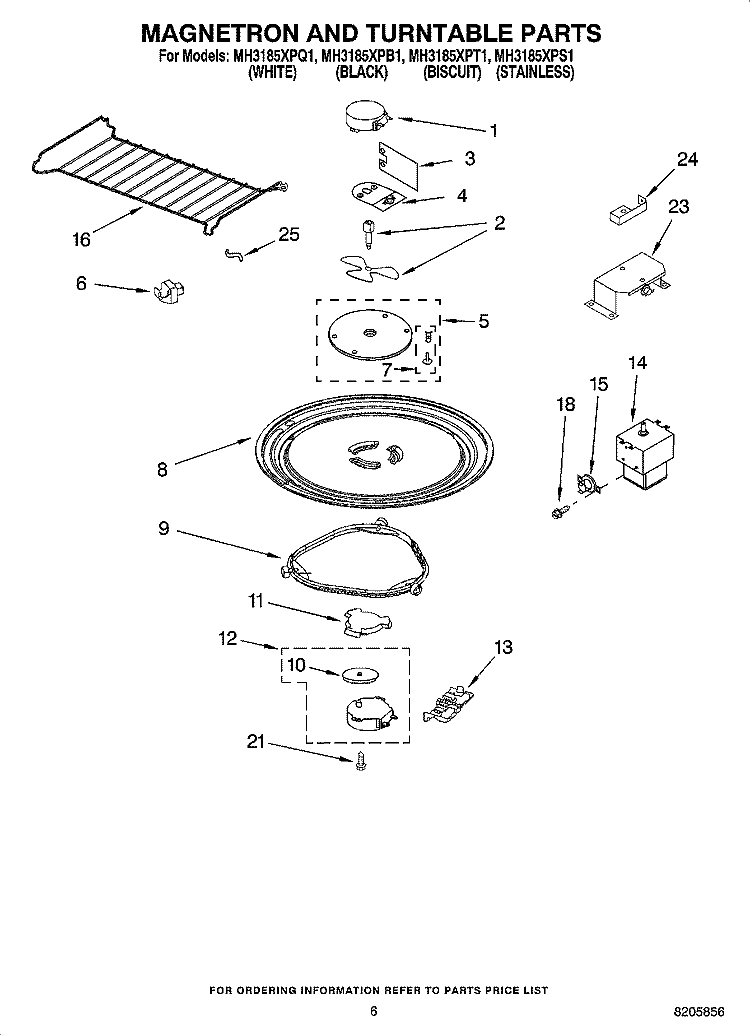 MAGNETRON AND TURNTABLE PARTS Diagram and Parts List for MH3185XPS1  Whirlpool Microwave