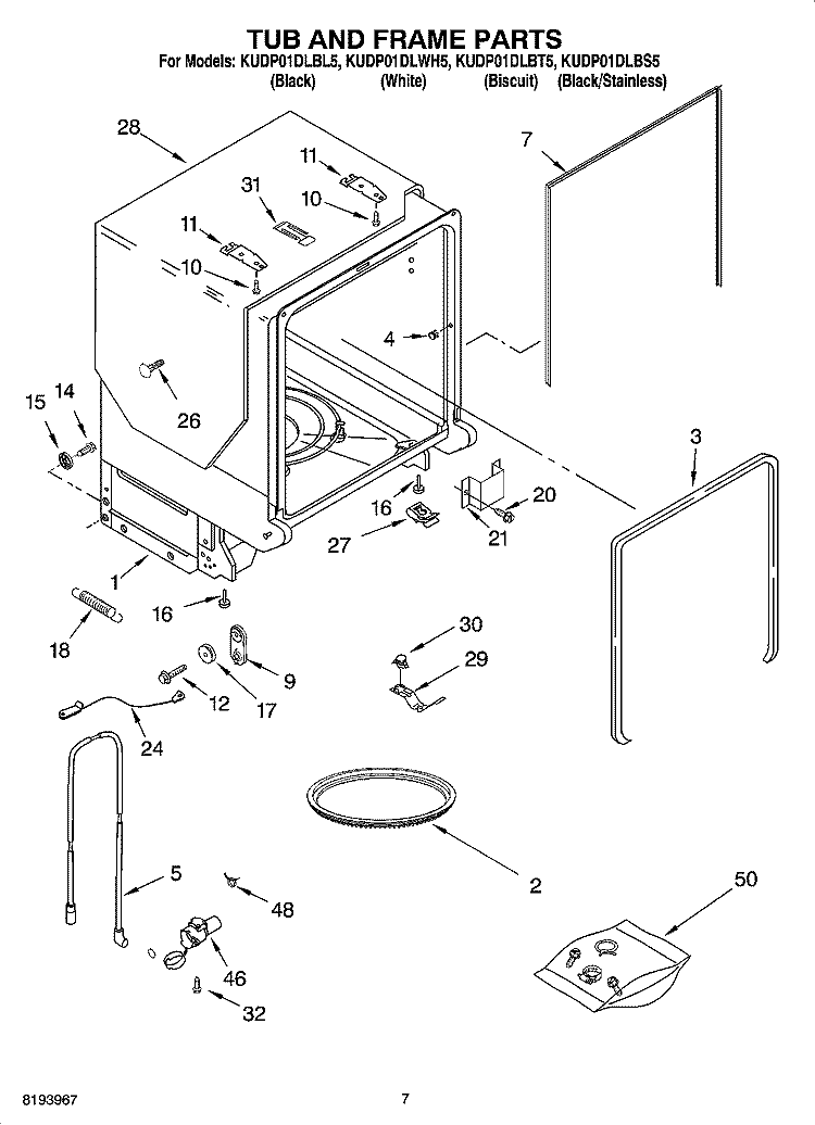TUB AND FRAME PARTS Diagram and Parts List for KUDP01DLBL5  KitchenAid Dishwasher
