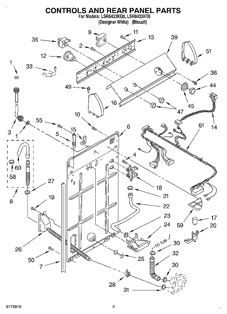 CONTROLS AND REAR PANEL Diagram and Parts List for LSR8433KT0  Whirlpool Washer