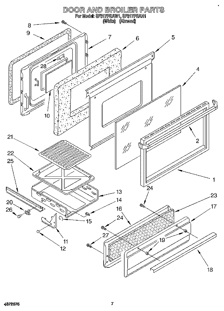 DOOR AND BROILER Diagram and Parts List for SF317PEAN1  Whirlpool Range
