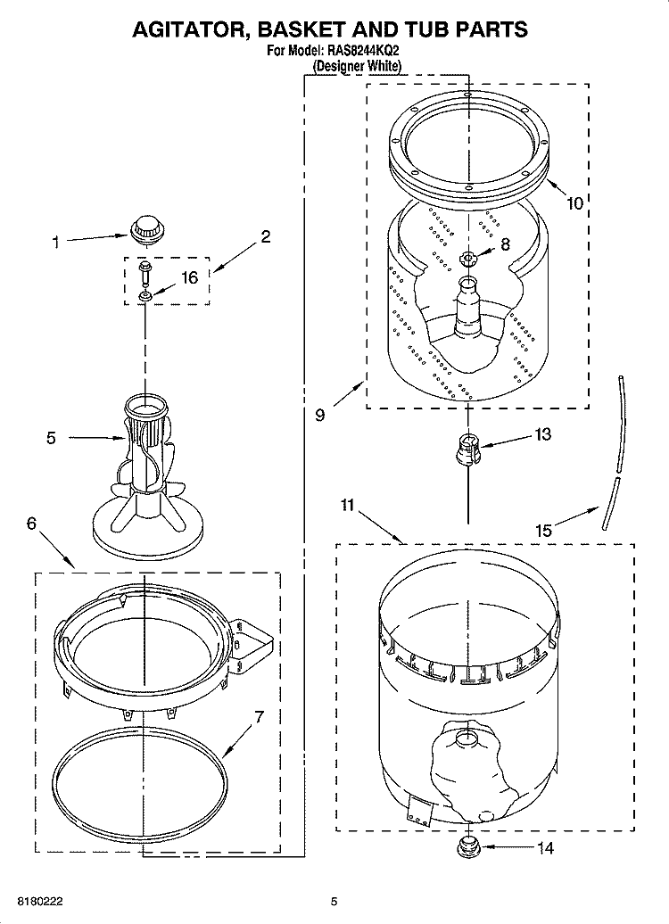 AGITATOR, BASKET AND TUB PARTS Diagram and Parts List for RAS8244KQ2  Roper Washer