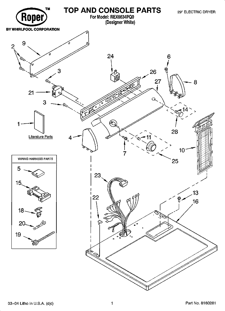 TOP AND CONSOLE PARTS Diagram and Parts List for REX6634PQ0  Roper Dryer