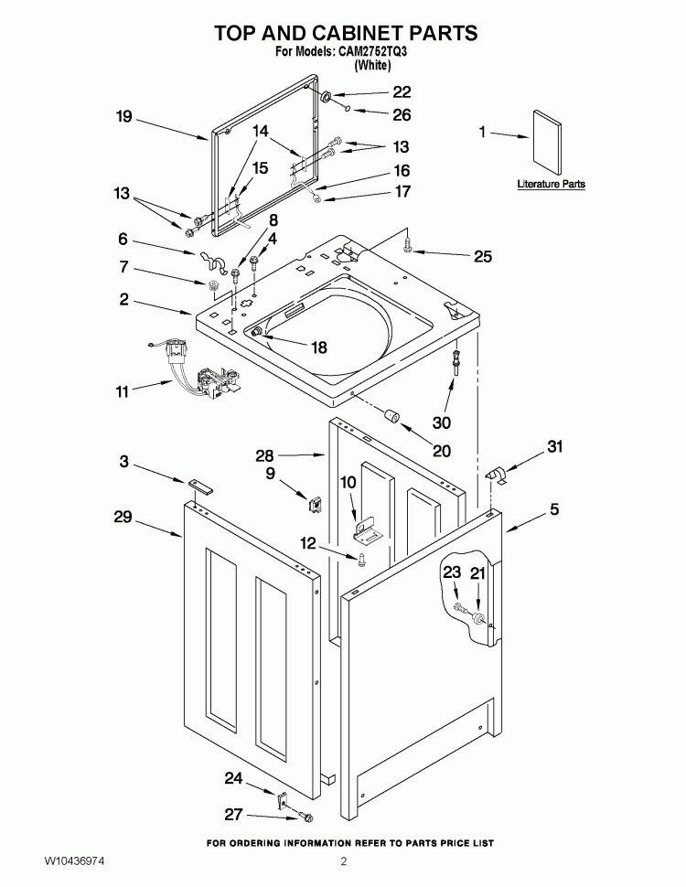 TOP AND CABINET PARTS Diagram and Parts List for CAM2752TQ3  Whirlpool Washer