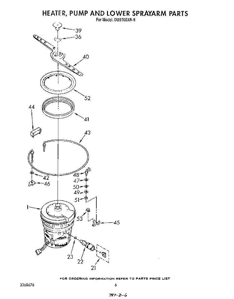 HEATER, PUMP, AND LOWER SPRAY ARM Diagram and Parts List for DU9700XR6  Whirlpool Dishwasher
