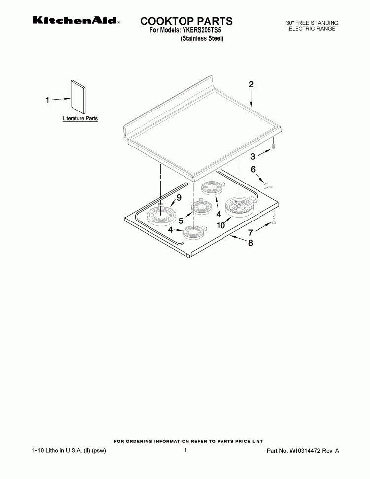 COOKTOP PARTS Diagram and Parts List for YKERS205TS5  KitchenAid Range