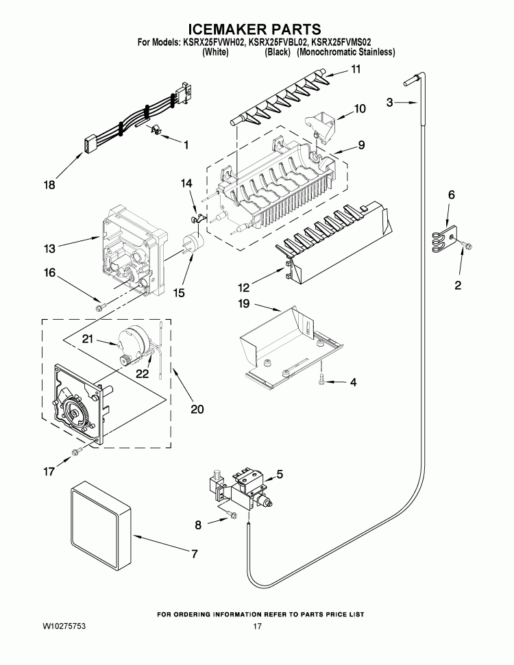ICEMAKER PARTS Diagram and Parts List for KSRX25FVMS02  KitchenAid Refrigerator