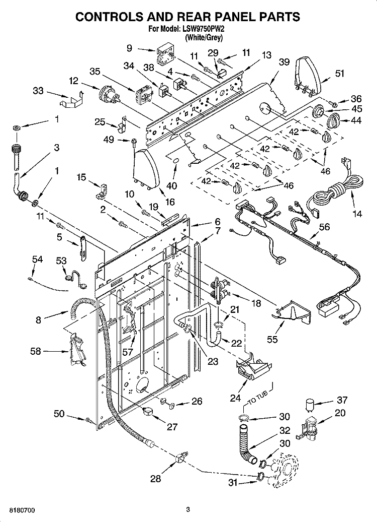 CONTROLS AND REAR PANEL PARTS Diagram and Parts List for LSW9750PW2  Whirlpool Washer