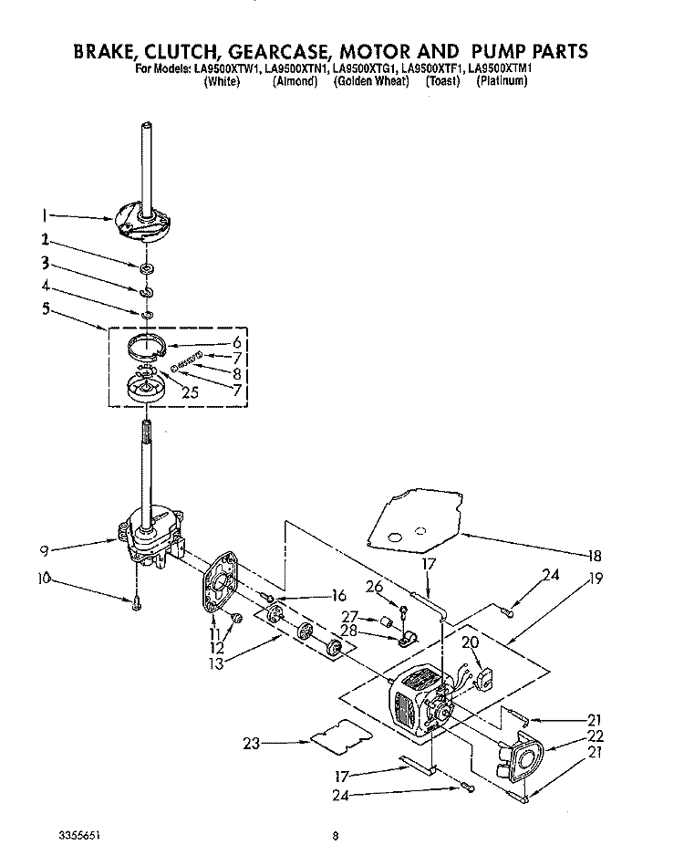 BRAKE, CLUTCH, GEARCASE, MOTOR AND PUMP Diagram and Parts List for LA9500XTG1  Whirlpool Washer