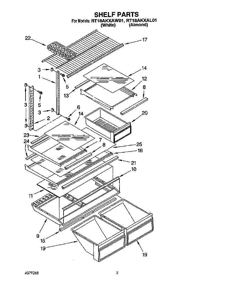 SHELF Diagram and Parts List for RT18AKXAW01  Roper Refrigerator