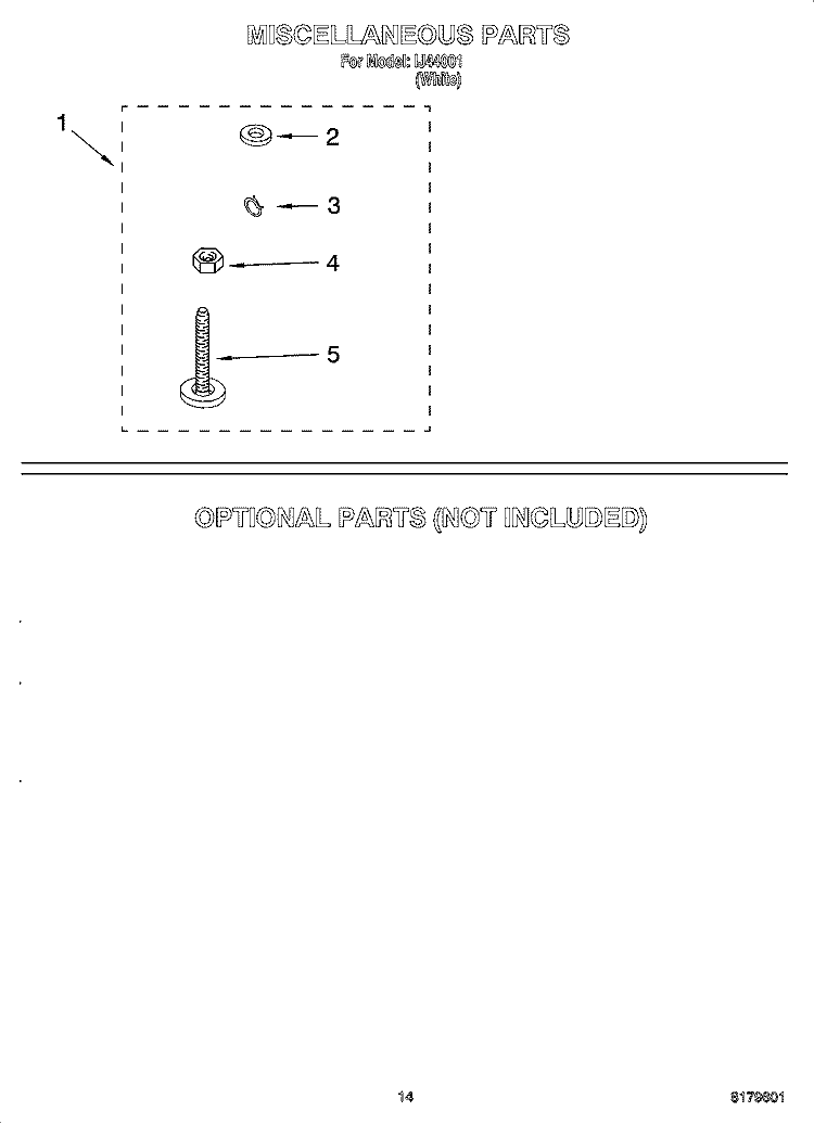 MISCELLANEOUS  PARTS, OPTIONAL PARTS (NOT INCLUDED) Diagram and Parts List for IJ44001  Inglis Washer