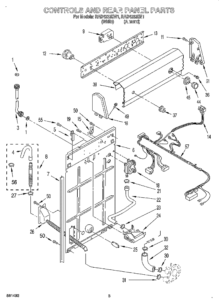 CONTROLS AND REAR PANEL Diagram and Parts List for RAB4232EW1  Roper Washer