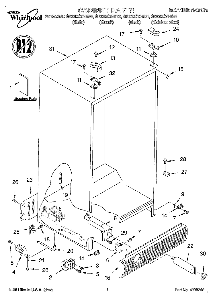 CABINET, LITERATURE Diagram and Parts List for GD22DCXHT00  Whirlpool Refrigerator
