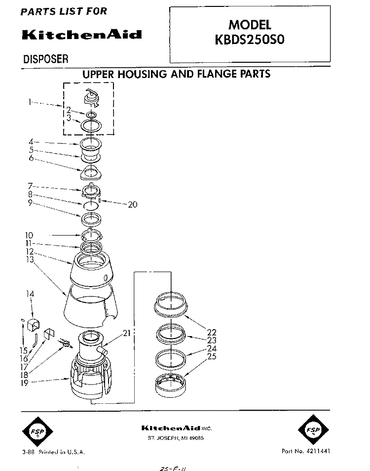 SECTION Diagram and Parts List for KBDS250S0  KitchenAid Food Waste Disposer