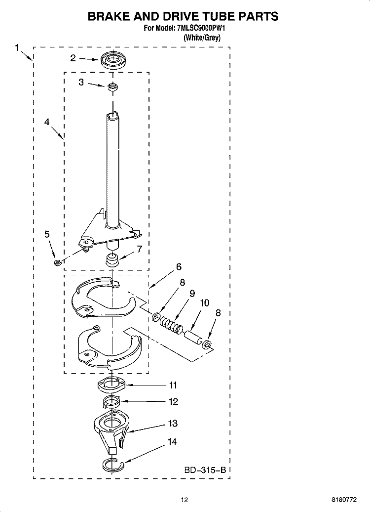BRAKE AND DRIVE TUBE PARTS Diagram and Parts List for 7MLSC9000PW1  Whirlpool Washer