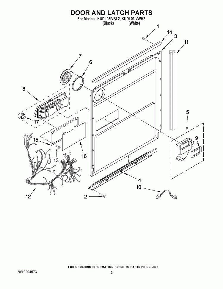 DOOR AND LATCH PARTS Diagram and Parts List for KUDL03IVWH2  KitchenAid Dishwasher