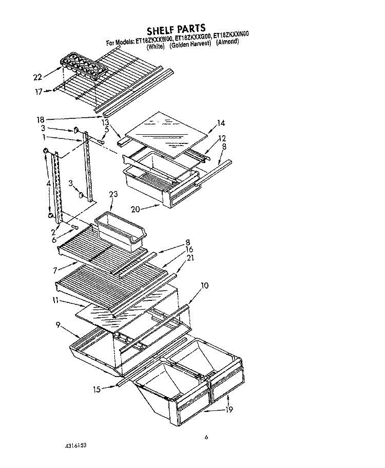 SHELF Diagram and Parts List for ET18ZKXXW00  Whirlpool Refrigerator