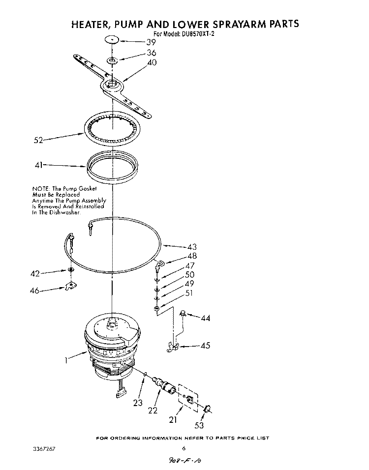 HEATER, PUMP AND LOWER SPRAY ARM Diagram and Parts List for DU8570XT2  Whirlpool Dishwasher