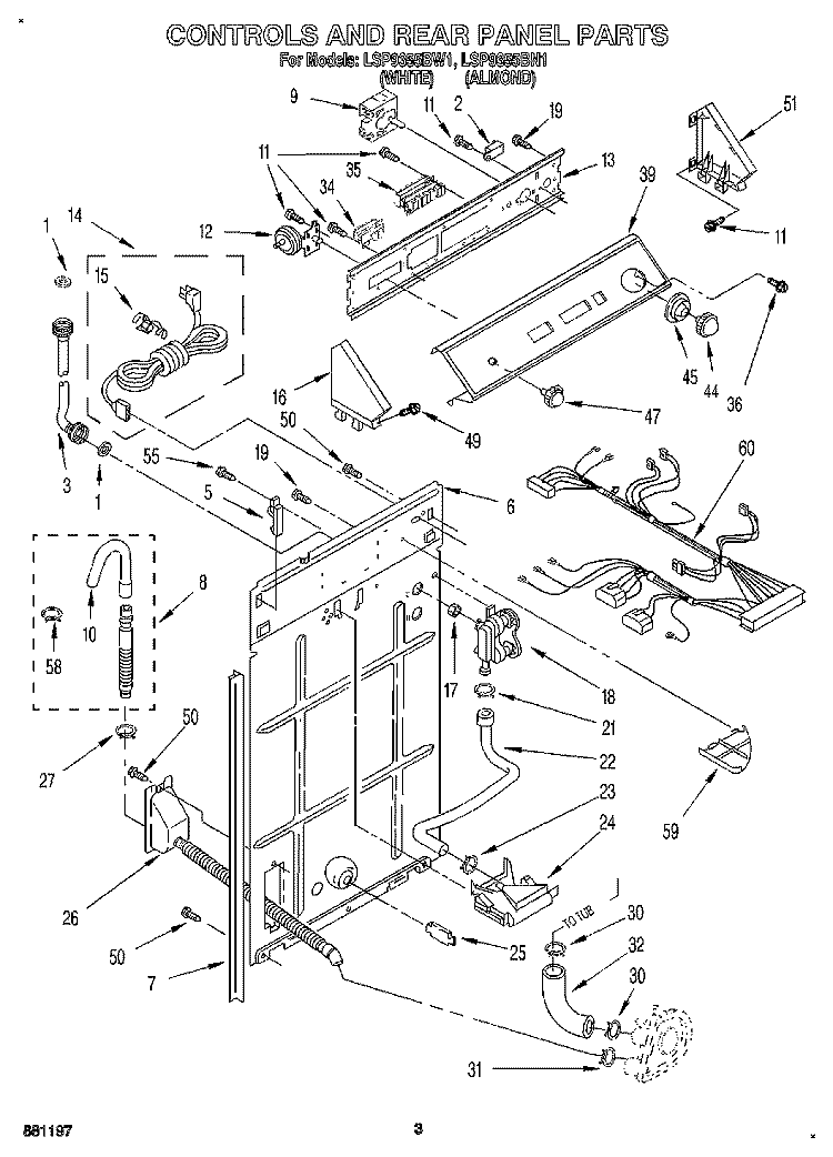 CONTROLS AND REAR PANEL Diagram and Parts List for LSP9355BN1  Whirlpool Washer
