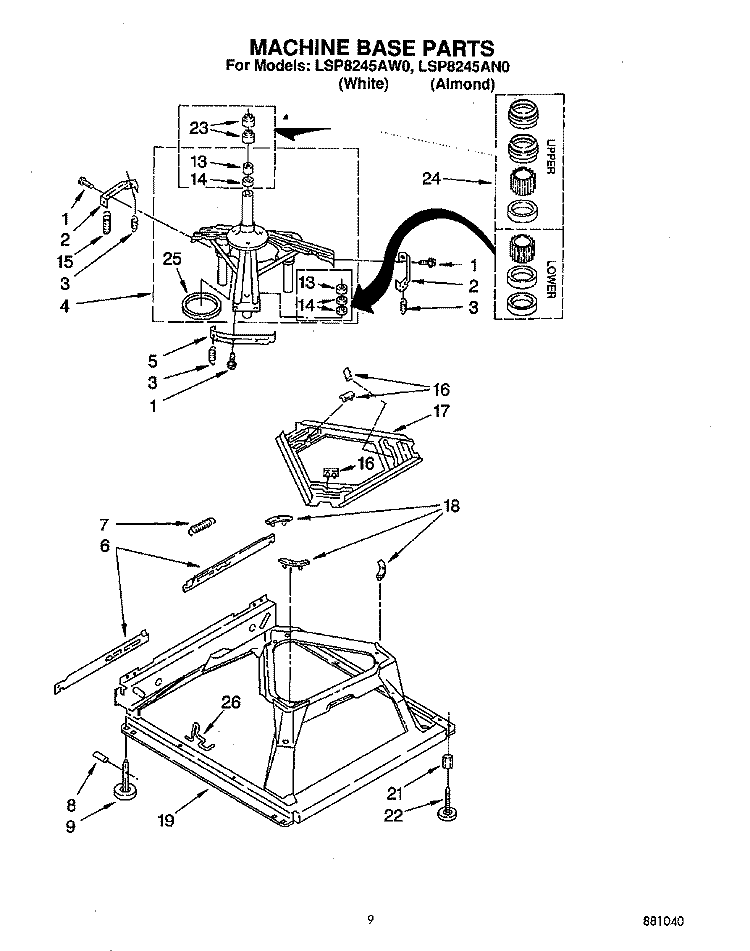 MACHINE BASE Diagram and Parts List for LSP8245AW0  Whirlpool Washer