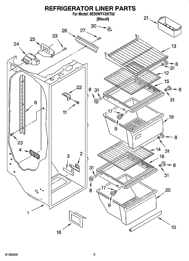 REFRIGERATOR LINER PARTS Diagram and Parts List for 8ED0WTKXKT02  Whirlpool Refrigerator