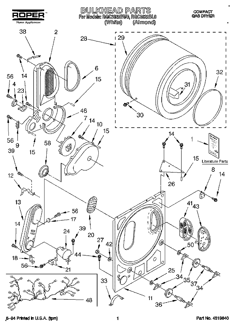 BULKHEAD, LIT/OPTIONAL Diagram and Parts List for RGC3622BW0  Roper Dryer