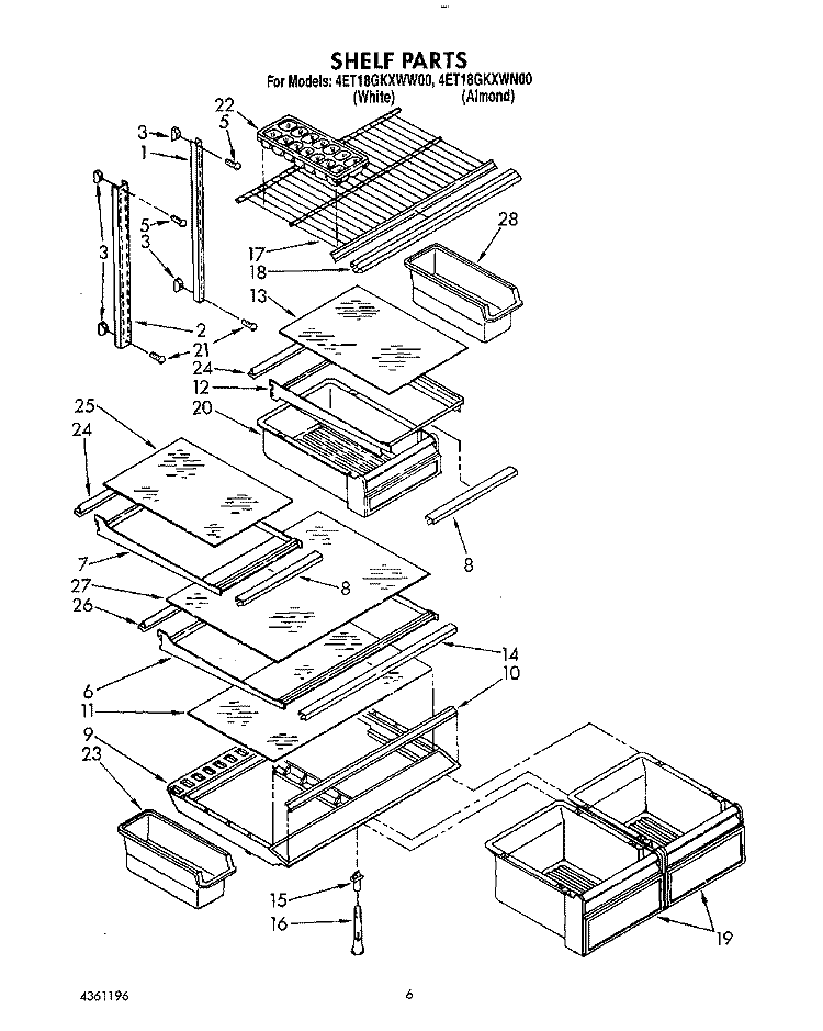 SHELF Diagram and Parts List for 4ET18GKXWW00  Whirlpool Refrigerator