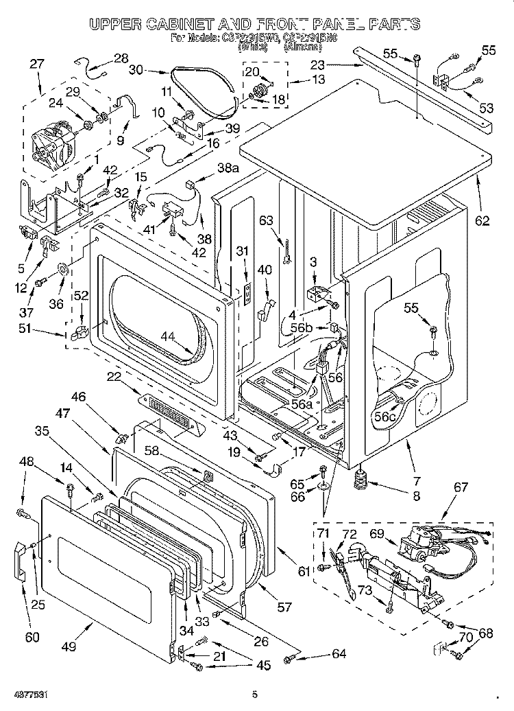 UPPER CABINET AND FRONT PANEL Diagram and Parts List for CSP2791BN0  Whirlpool Dryer