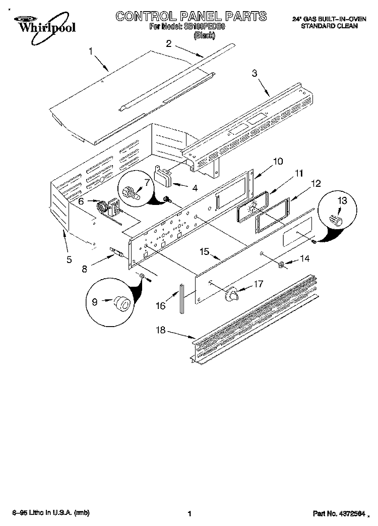 CONTROL PANEL Diagram and Parts List for SB100PEDB0  Whirlpool Wall Oven
