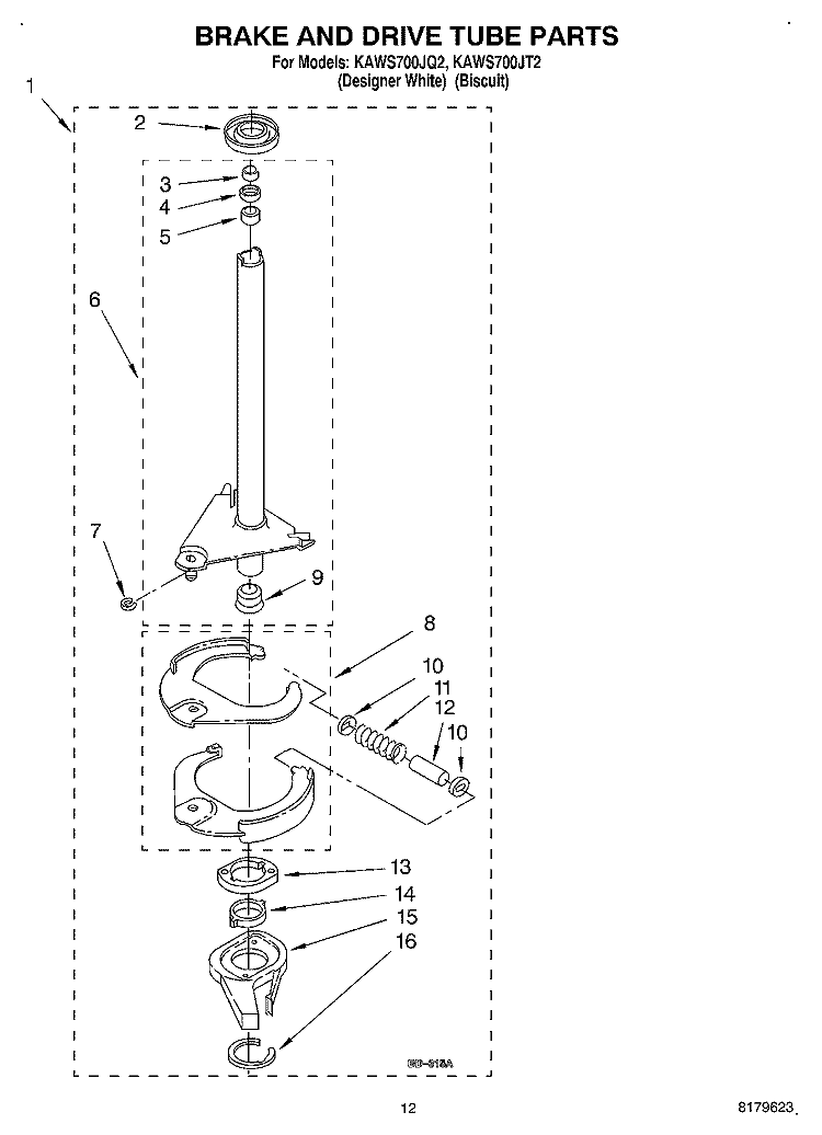 BRAKE AND DRIVE TUBE Diagram and Parts List for KAWS700JT2  KitchenAid Washer