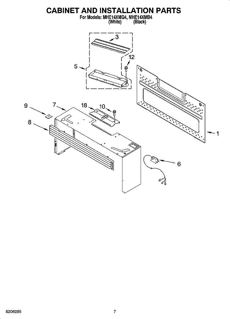 CABINET AND INSTALLATION PARTS Diagram and Parts List for MHE14XMB4  Roper Microwave