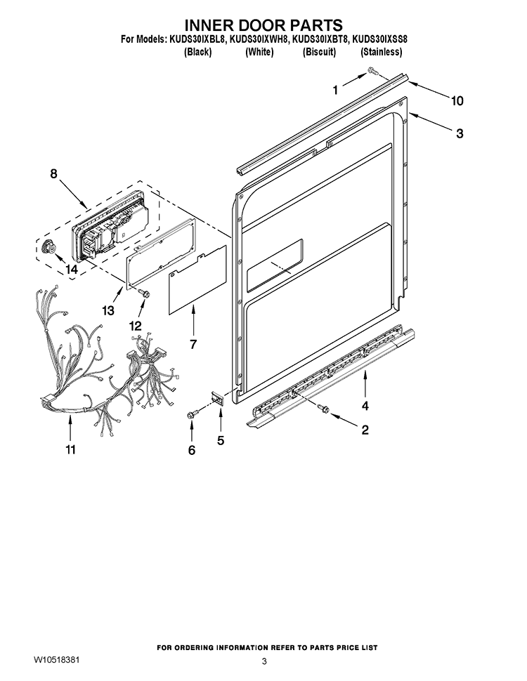 INNER DOOR PARTS Diagram and Parts List for KUDS30IXBL8  KitchenAid Dishwasher