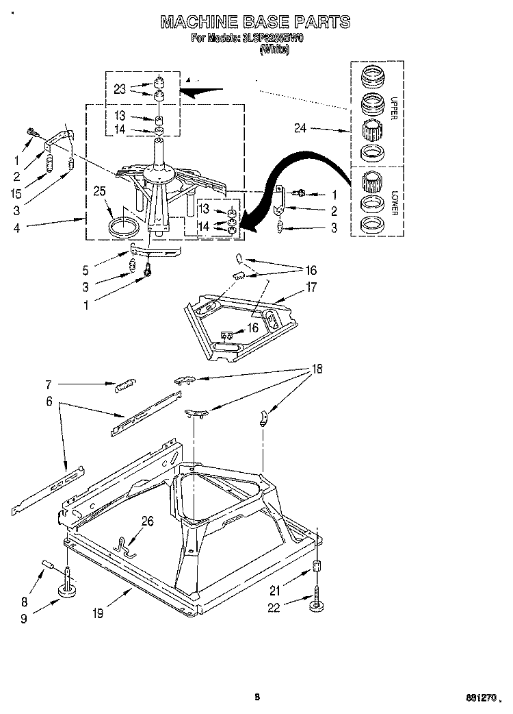 MACHINE BASE Diagram and Parts List for 3LSP8255BW0  Whirlpool Washer
