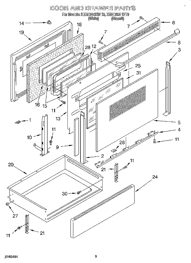 DOOR AND DRAWER Diagram and Parts List for KERC500HBT0  KitchenAid Range