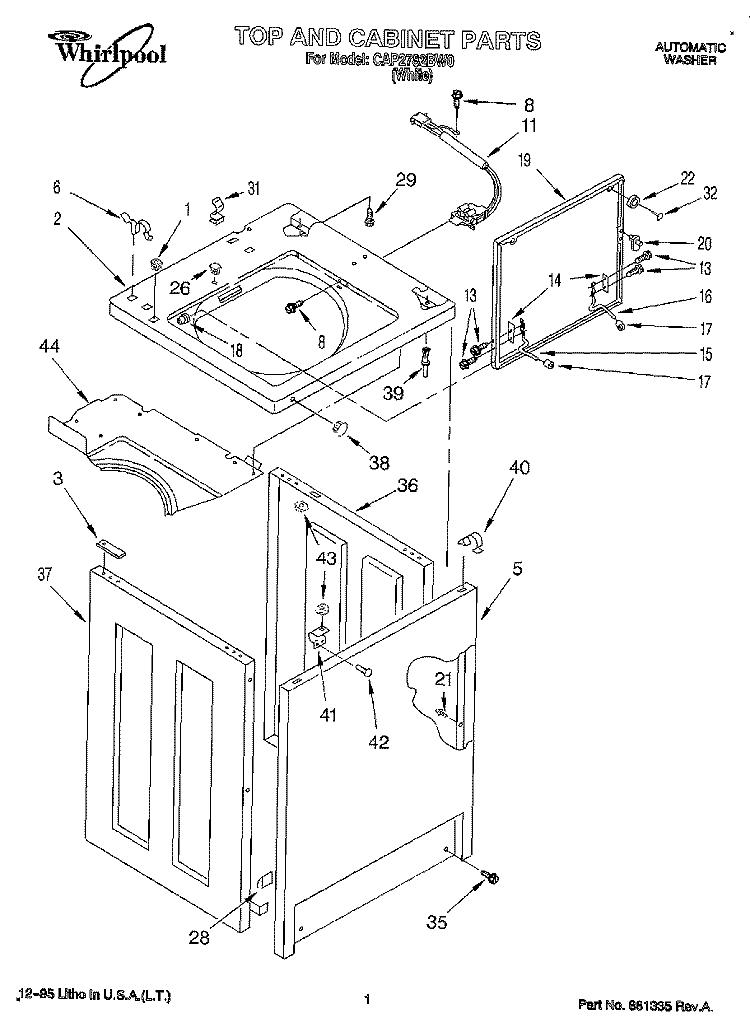 TOP AND CABINET Diagram and Parts List for CAP2782BW0  Whirlpool Washer
