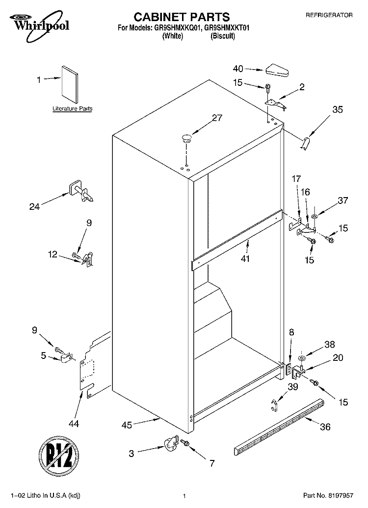 CABINET, LITERATURE Diagram and Parts List for GR9SHMXKQ01  Whirlpool Refrigerator