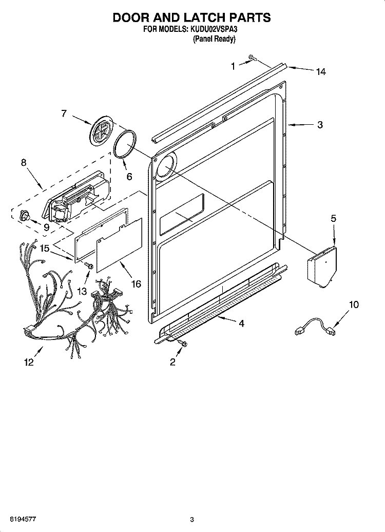 DOOR AND LATCH PARTS Diagram and Parts List for KUDU02VSPA3  KitchenAid Dishwasher