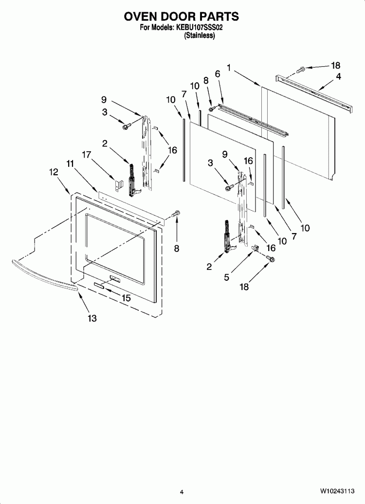 OVEN DOOR PARTS Diagram and Parts List for KEBU107SSS02  KitchenAid Wall Oven