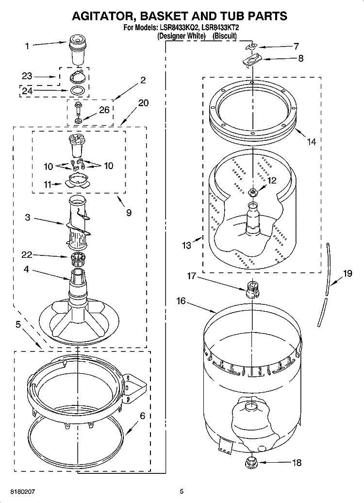 AGITATOR, BASKET AND TUB PARTS Diagram and Parts List for LSR8433KQ2  Whirlpool Washer