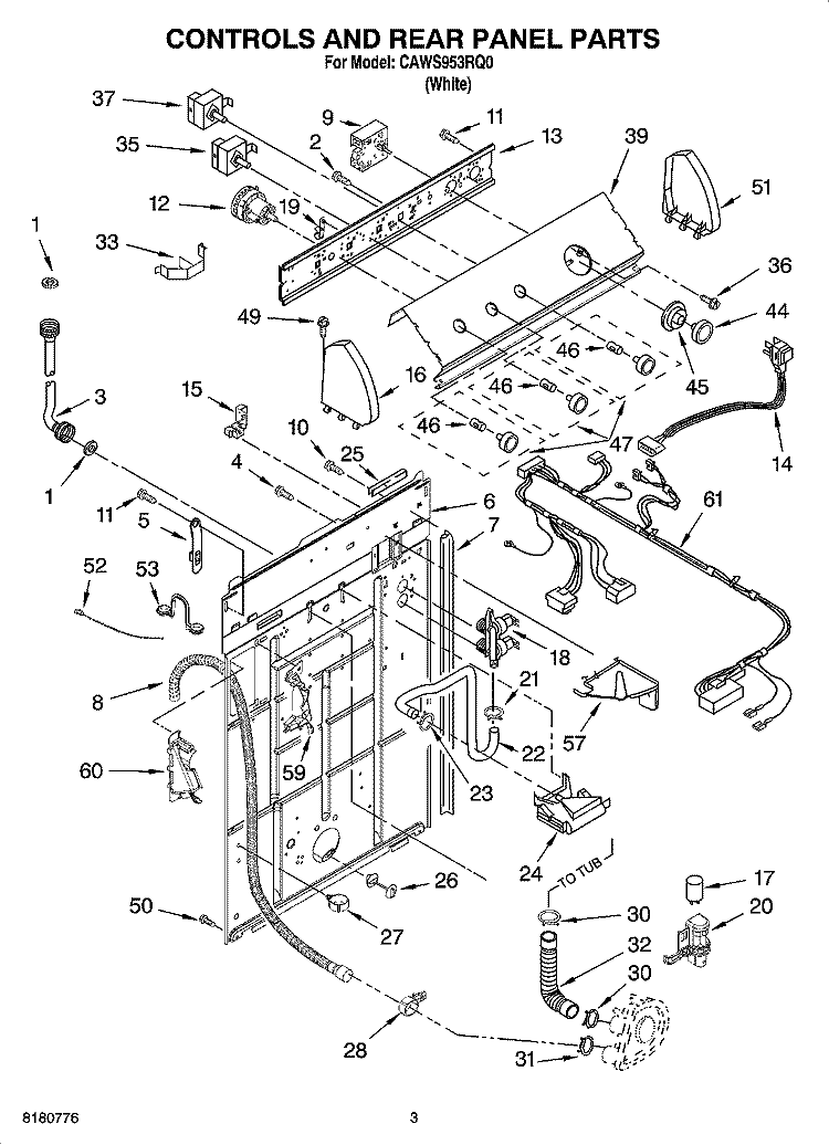 CONTROLS AND REAR PANEL PARTS Diagram and Parts List for CAWS953RQ0  Crosley Washer