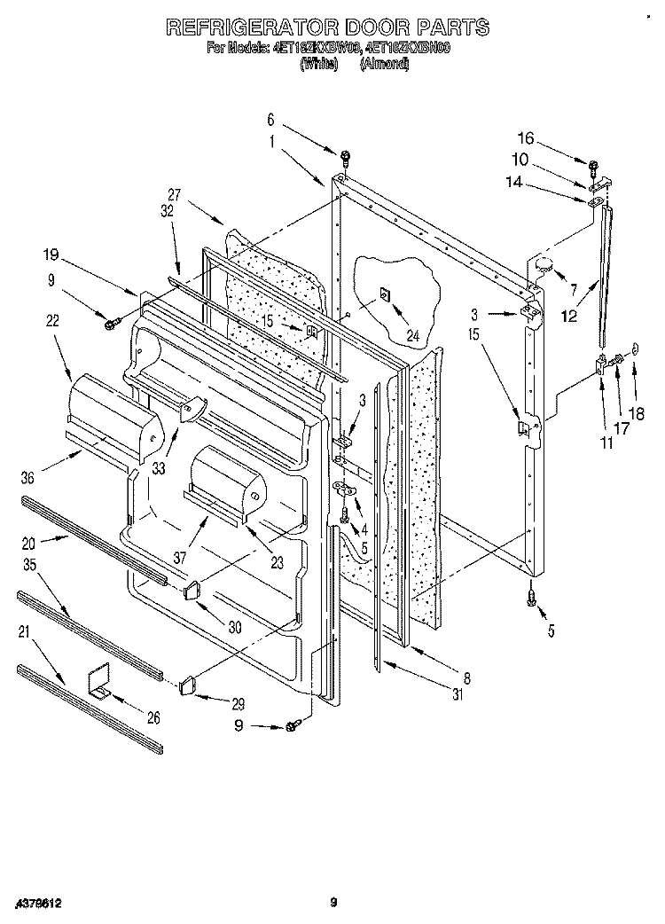 REFRIGERATOR DOOR, LIT/OPTIONAL Diagram and Parts List for 4ET18ZKXBW00  Whirlpool Refrigerator