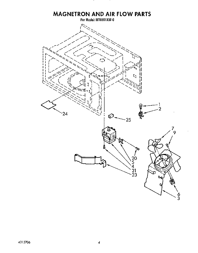 MAGNETRON AND AIR FLOW Diagram and Parts List for MT6901XW0  Whirlpool Microwave