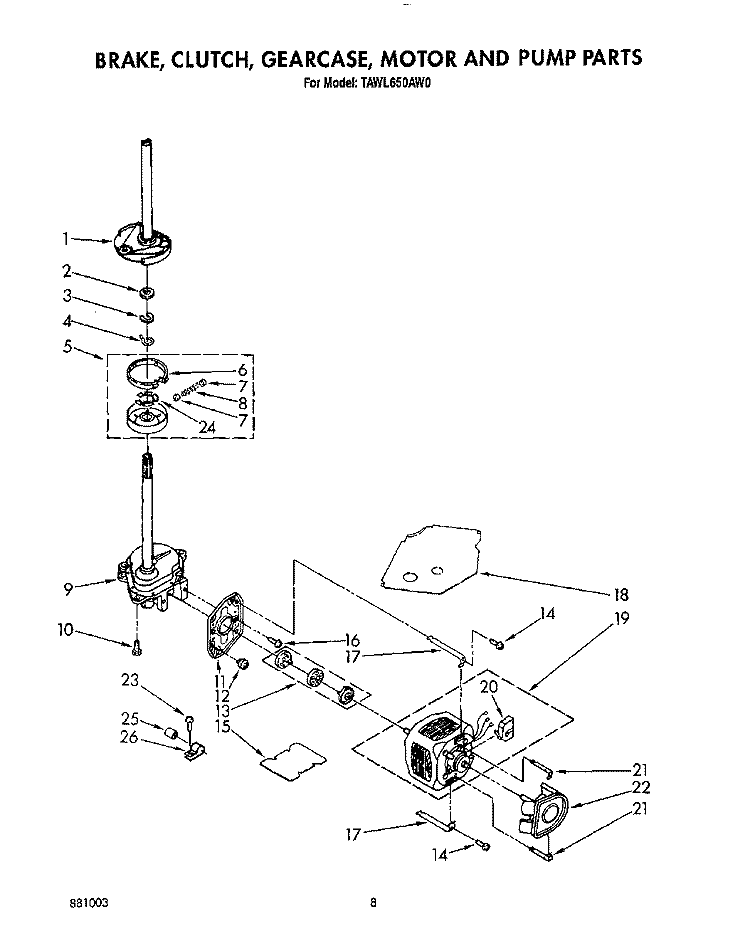 BRAKE, CLUTCH, GEARCASE, MOTOR AND PUMP Diagram and Parts List for TAWL650AW0  Estate Washer