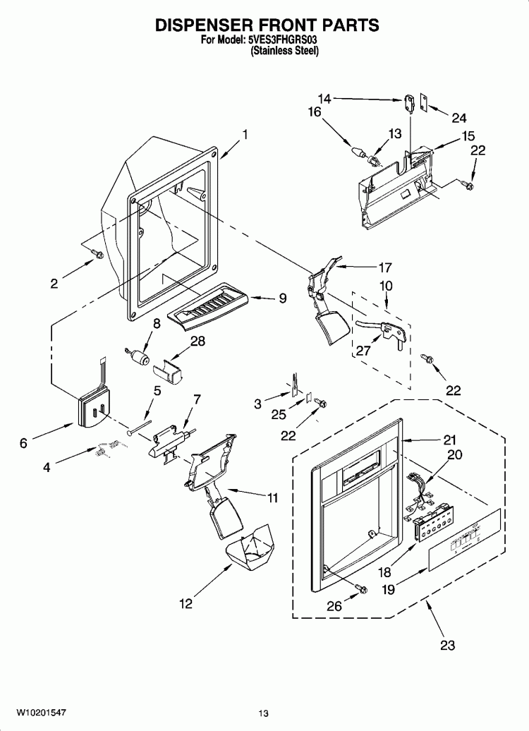 DISPENSER FRONT PARTS Diagram and Parts List for 5VES3FHGRS03  Whirlpool Refrigerator