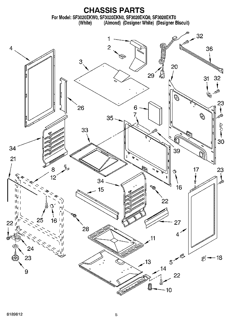 CHASSIS Diagram and Parts List for SF3020EKT0  Whirlpool Range