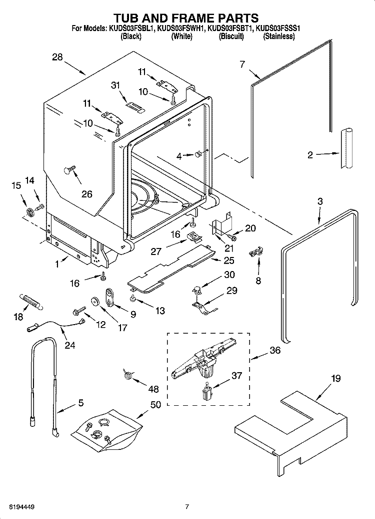 TUB AND FRAME PARTS Diagram and Parts List for KUDS03FSBT1  KitchenAid Dishwasher