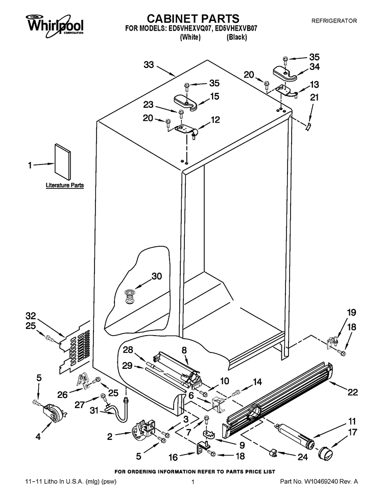 CABINET PARTS Diagram and Parts List for ED5VHEXVB07  Whirlpool Refrigerator